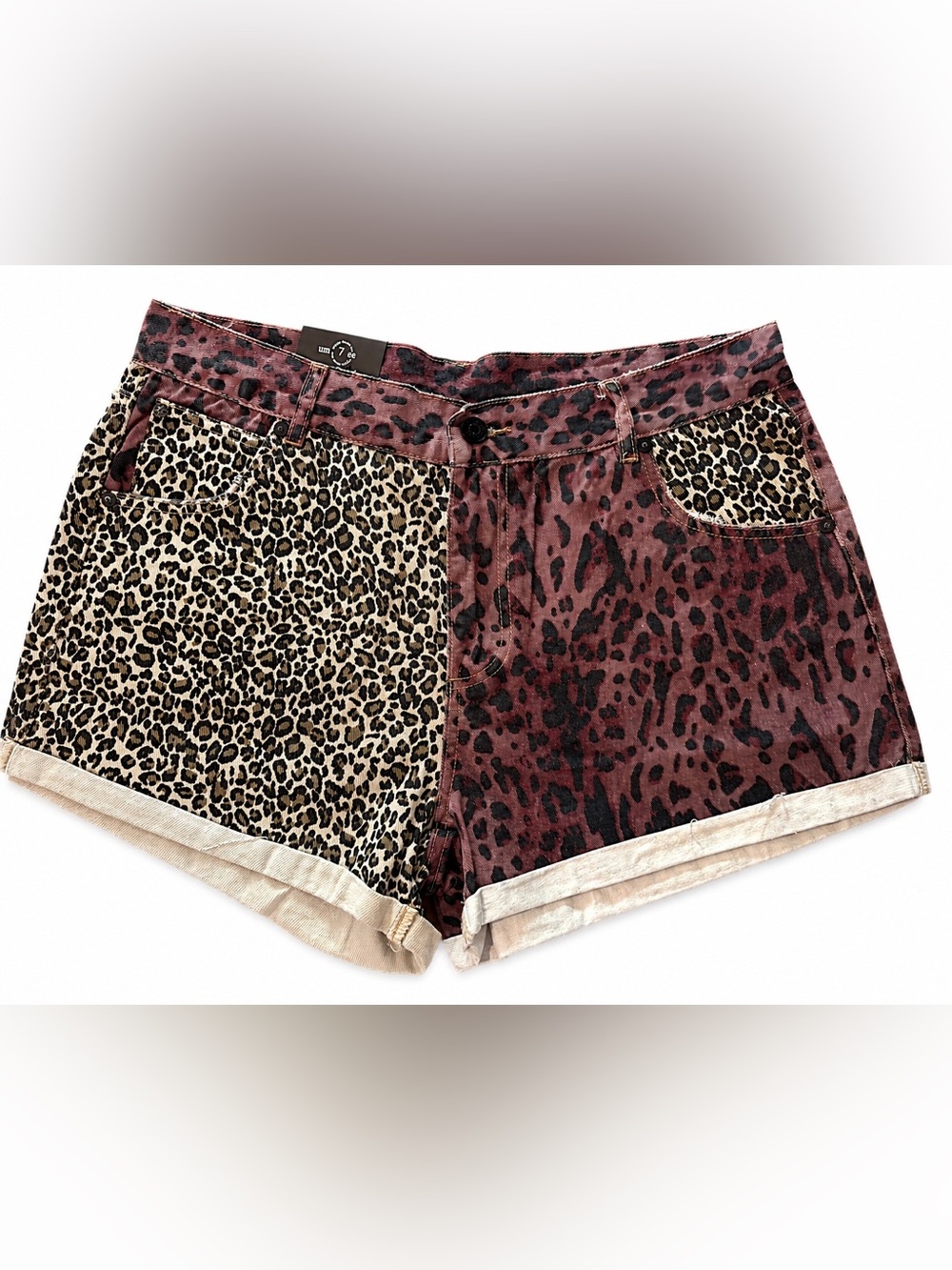 Umgee Two-Tone Leopard Patchwork Jean Shorts - Brown/Multi